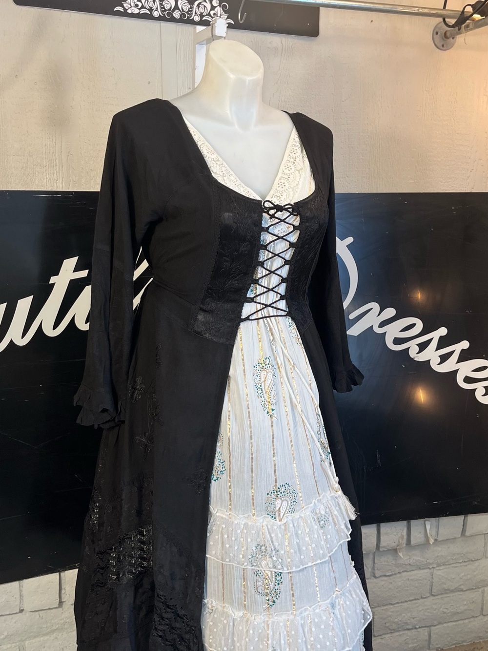 Plus Ren Fest Corset Jacket Women’s Black Overlay Lace-Up Dress Boho Cottagecore
